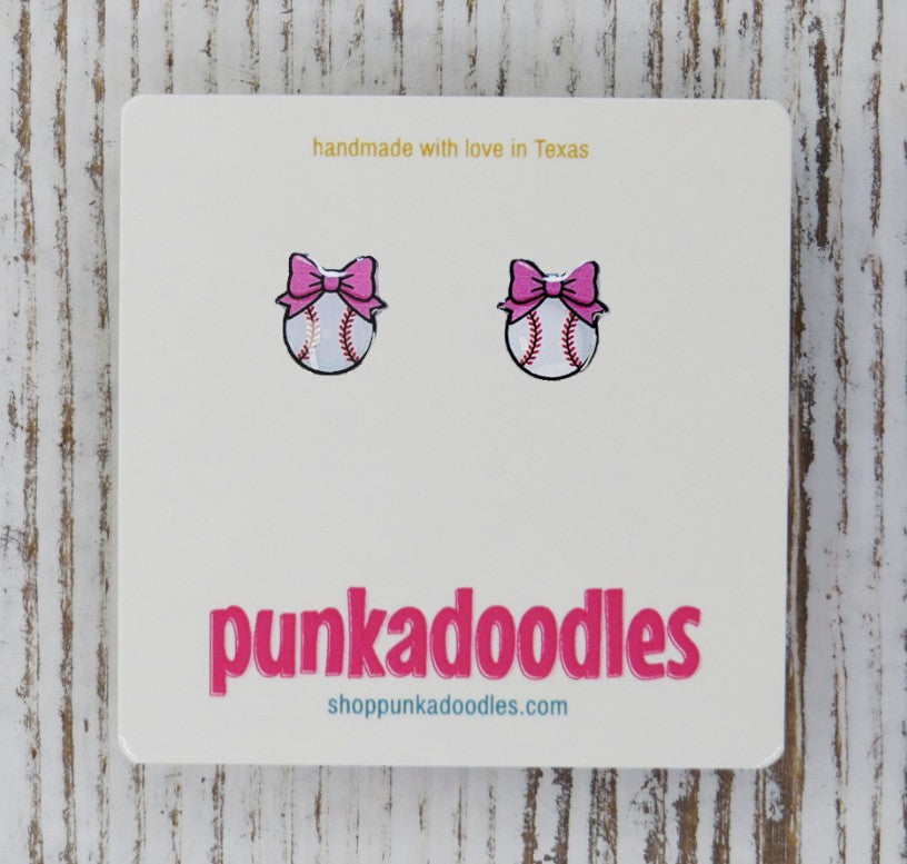 Baseball with Bow Stud Earrings
