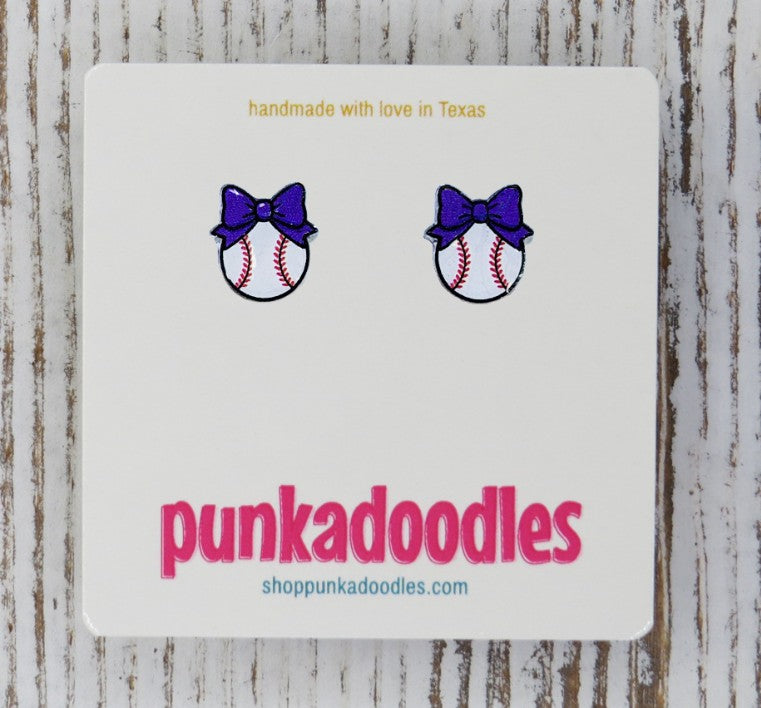 Baseball with Bow Stud Earrings