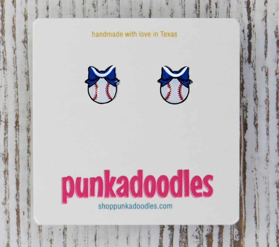 Baseball with Bow Stud Earrings