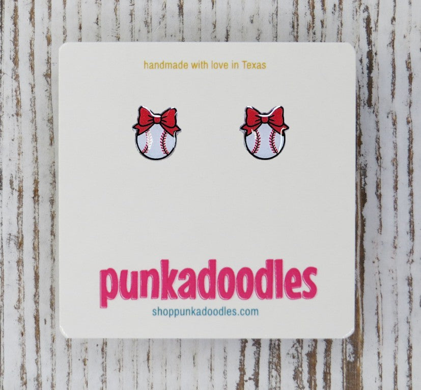 Baseball with Bow Stud Earrings