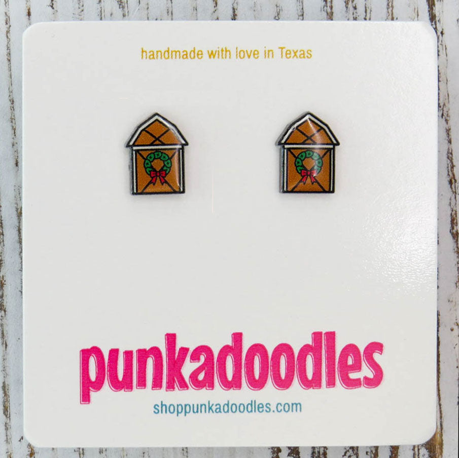 Christmas Barn Wreath Door Earrings - two colors!