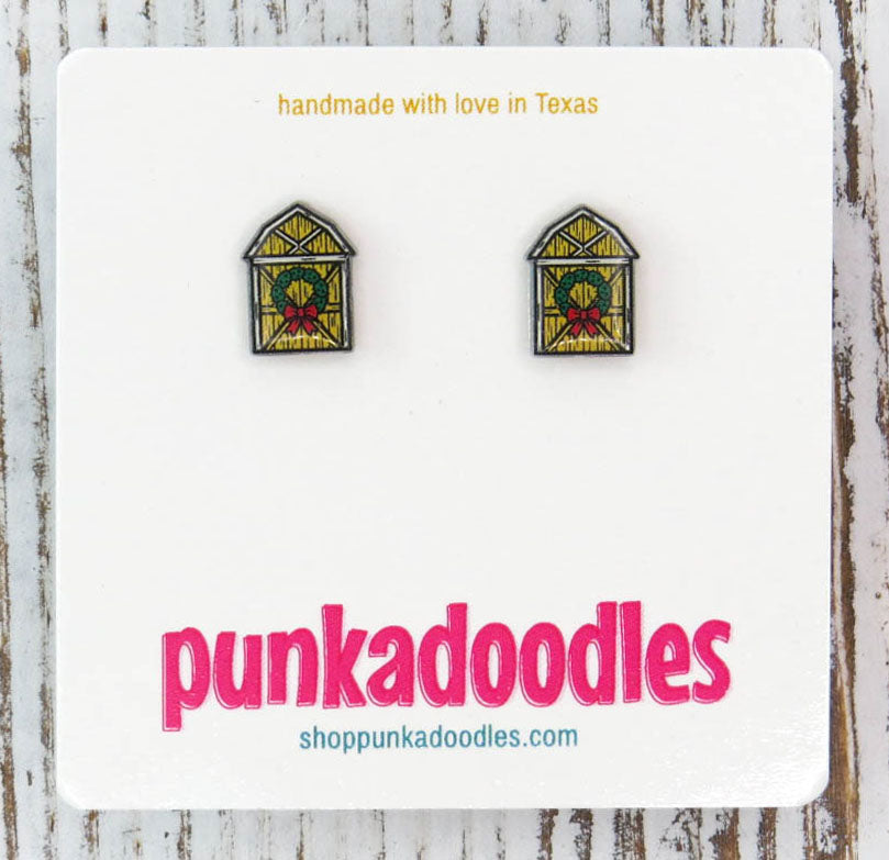 Christmas Barn Wreath Door Earrings - two colors!