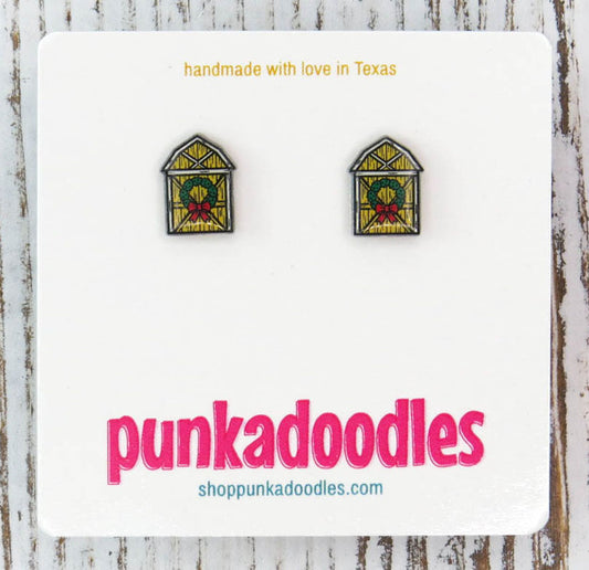 Christmas Barn Wreath Door Earrings - two colors!